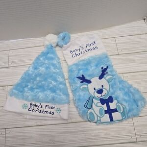 Baby's First Christmas Set Blue W/ White Trim Reindeer Motif Santa Hat, Stocking